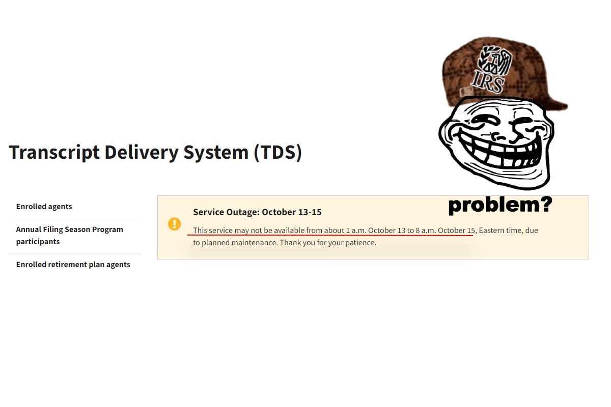 screenshot of an IRS system outage warning