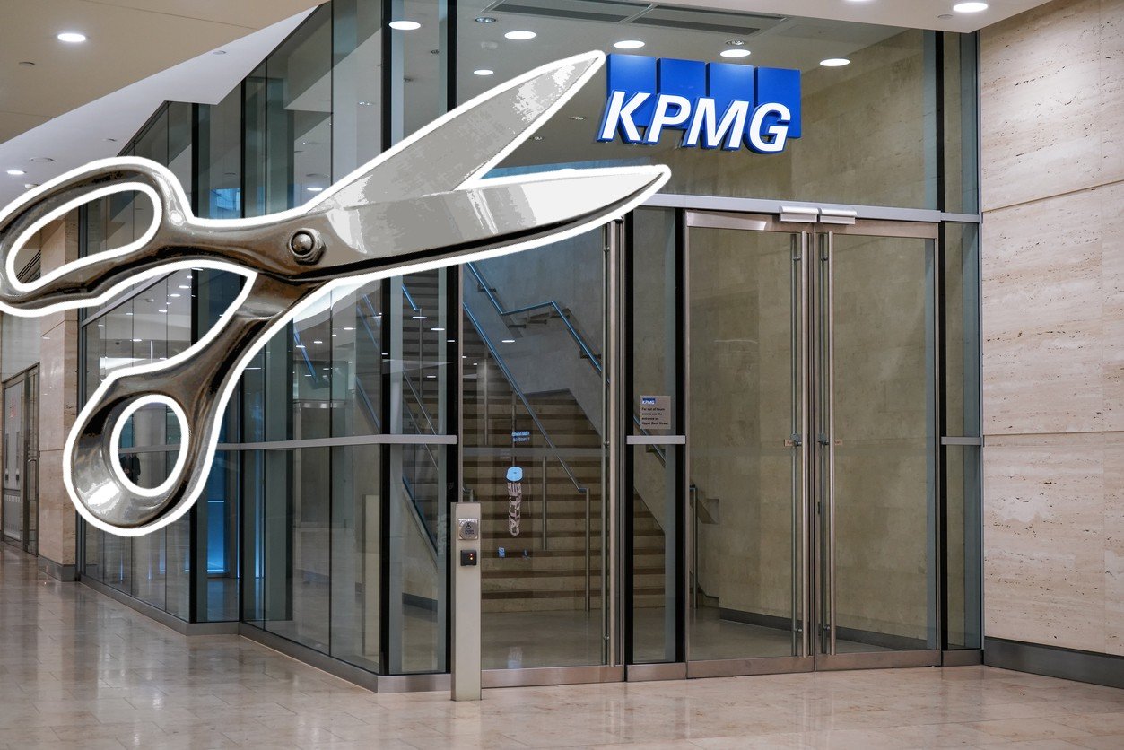 KPMG office front entrance with scissors overlay