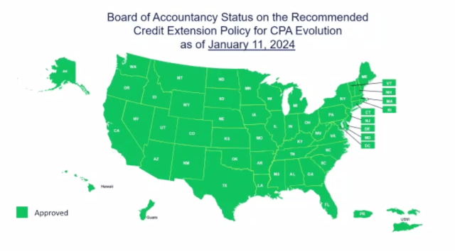 screenshot of a map of Board of Accountancy status on recommended credit extension policy 2024