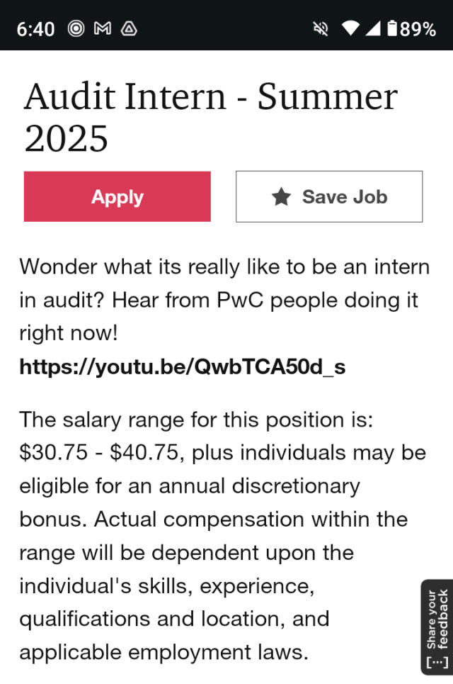 screenshot of a PwC job opening for summer interns 2025